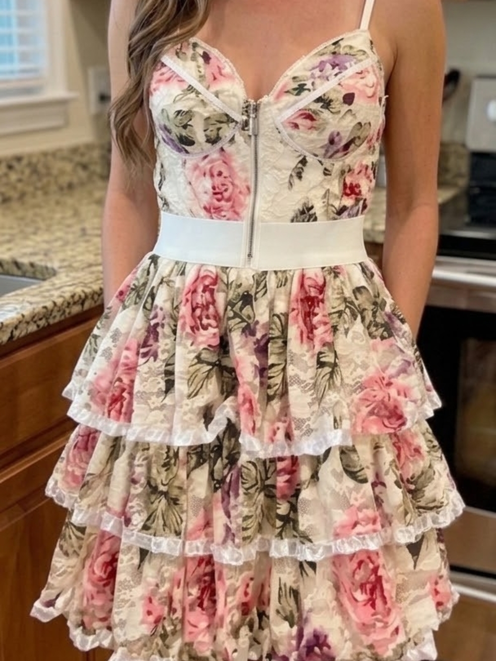 Rachael & Chloe Cream/Pink/Floral Midi 3 Tiered Silhouette White Lace Trim